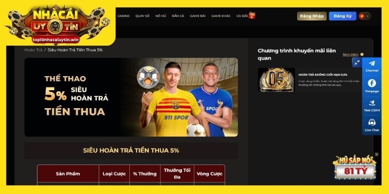 Người chơi dễ dàng nhận hoàn trả 5% cho sảnh thể thao